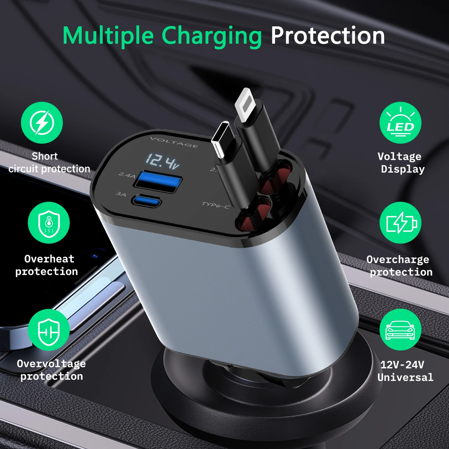 100W 4 IN 1 Retractable Car Charger USB Type C Cable For IPhone